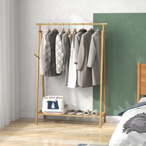 Portant pour vêtements en bambou. Porte-manteau en Bois avec étagère à chaussures dim. 110L x 42l x 152H cm