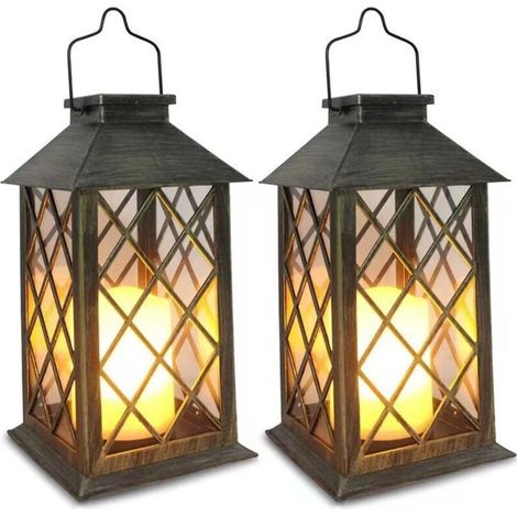 Lanterne Solaire Exterieur 2 Pièces Lampe Solaire avec Bougie Vacillante, Lampe de Table Solaire étanche Suspension Solaire Exterieur a Poser pour Balcon Jardin Terrasse Deco - Bronze (1/4)