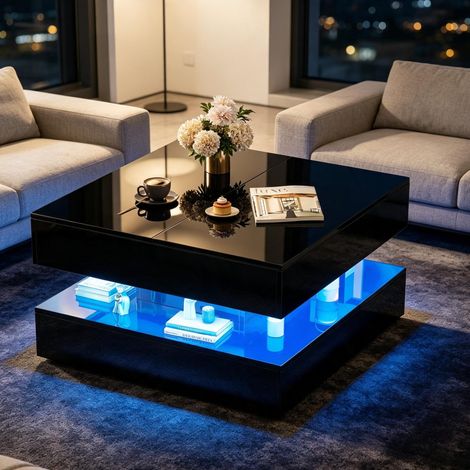 Table basse noire laquée – LED RGB – 2 tiroirs push‑open – design moderne (1/5)