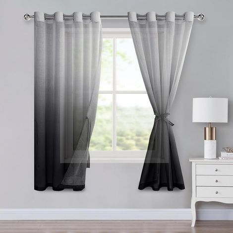 Lot de 2 rideaux ombrés avec œillets - Voilage transparent dégradé pour chambre à coucher et salon - Noir - H 175 x l 140 cm (1/5)