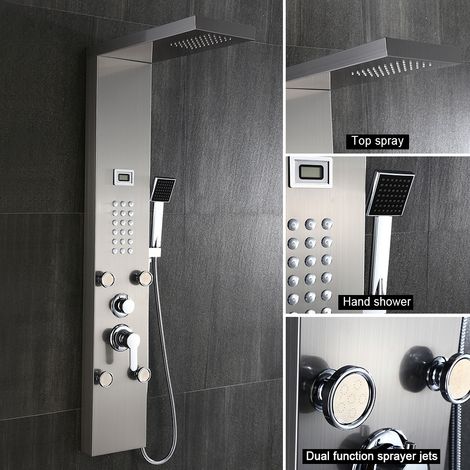 KIT Panneau Colonne de Douche avec Douchette Hydromassante Inox avec Buses Massants Jets de Massage Panneau Ecran Affichage LCD (1/8)