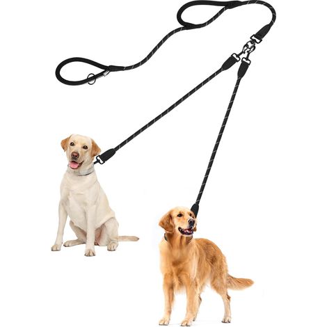 Double Dog Lead for 2 Dogs, No Tangle Training Lead with Two Padded Handles, Reflective Nylon Double Leads for Large Medium Dogs 1.2 x 195 cm (Black)
