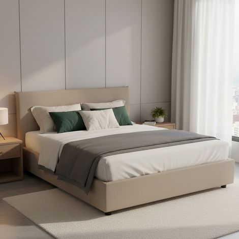 Talamo Italia Lit double Aurea, Lit conteneur avec revêtement en cuir écologique, 100% Made in Italy, Ouverture frontale, convient pour matelas Cm 140x190, Tourterelle, avec emballage renforcé (1/4)