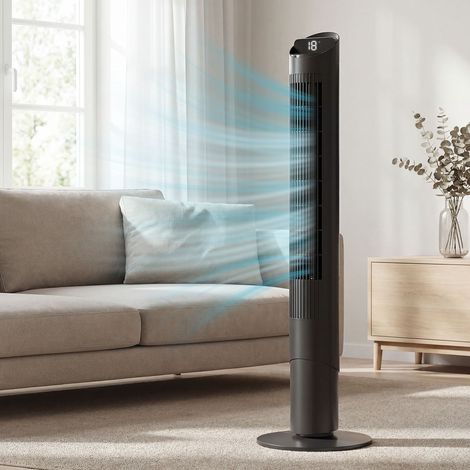 Ventilador de torre de 116 cm, ventilador de pedestal con control remoto, control por aplicación WiFi, oscilación de 65°, 6 velocidades, 4 modos.