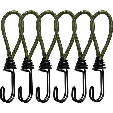 Green - 6-piece elastic cord with hook, 15cm rubber bungee cord with spiral hook, for camping, luggage and tarpaulins (1/5)