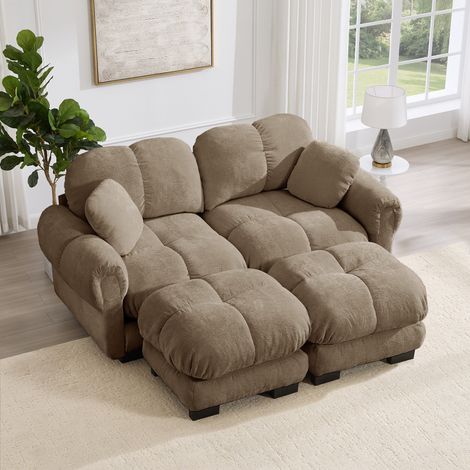 Canapé 2 places chenille marron, convertible en U, design matelassé chic, assise épaisse et confortable, avec pouf démontable, montage simple, parfait pour séjour. (1/5)