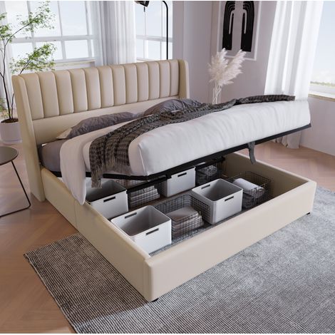 Cama canapé moderna de lino beige 180x200 cm con cabecero tapizado y somier elevable