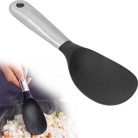 Cuillère en silicone écologique - Résistante à la chaleur - Manche court - Idéale pour le riz - Convient à la plupart des casseroles et poêles (y compris les cuiseurs à riz) - Munie d'un anneau de sus (1/4)