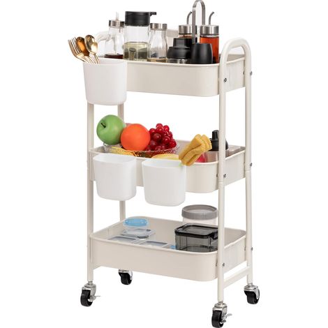 Chariot de Rangement Métal Chariot à roulettes 3 Niveaux Chariots Cuisine Chariots de Service Roulant pour Chambre Salle de Bain Bureau, Blanc (1/5)