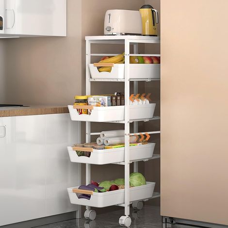 5 Niveaux Chariot de Rangement, Chariot à Roulettes en Métal avec 4 Tiroir avec un Plateau de Table en Bois Chariot Utilitaire pour Cuisine, Salle de Bain, Salon, Bureau, Petits Espaces (1/5)