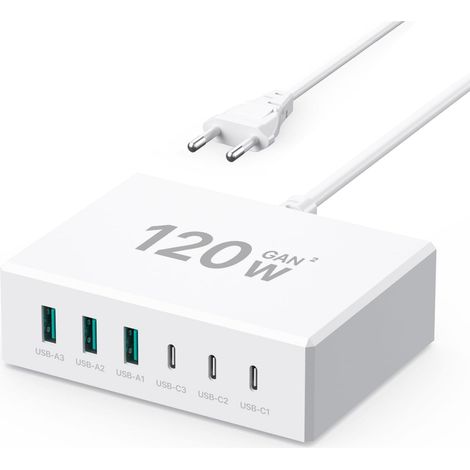 Chargeur USB C 120W Charge Rapide 6 Port Prise USB C Multiple GaN PD+QC Adaptateur Secteur Compatible avec 15/Tablette/Mobile Power et Autres appareils (Blanc) (1/5)