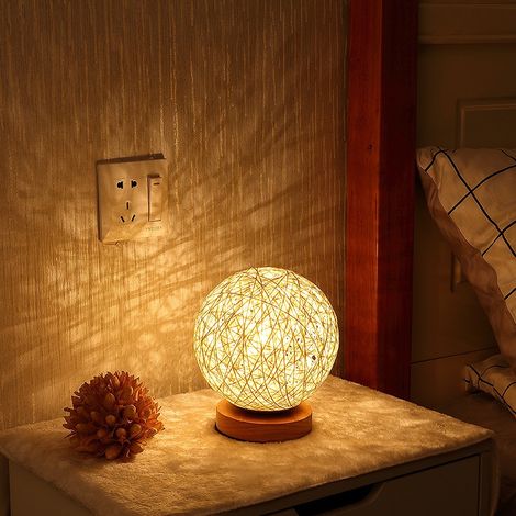 Lampe de Table de Rotin lampe de chevet décorative en bois Alimenté par USB Interrupteur à Bouton pour chambre salon table de chevet table de bout salle de café chambre bébé,Beige,15cm (1/4)