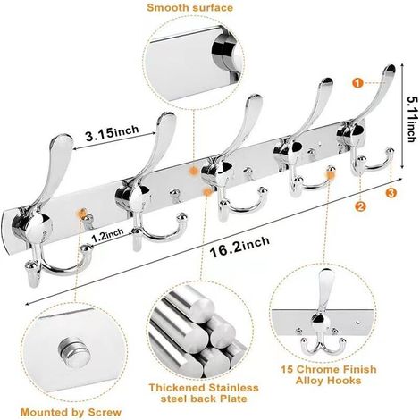 Stück Wandgarderobe aus Edelstahl, Kleiderhaken für Mäntel, Handtücher, Bademäntel (Silber, 15 Haken)