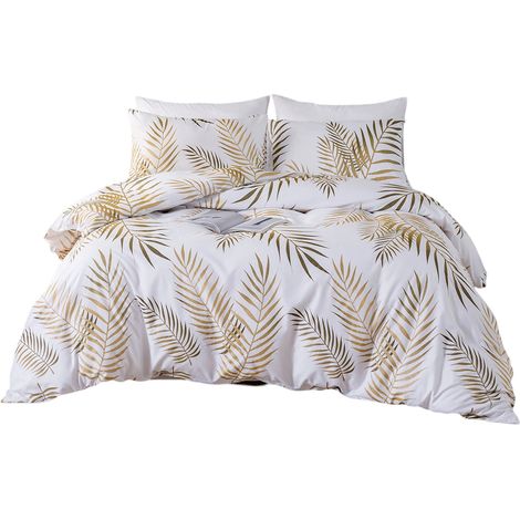 Housse de Couette - 220x240 cm - Taies d'Oreiller 50x75 cm - Microfibre Brossée - Motif Feuilles Tropicales - Fermeture Éclair Cachée - Lot de 3 Pièces