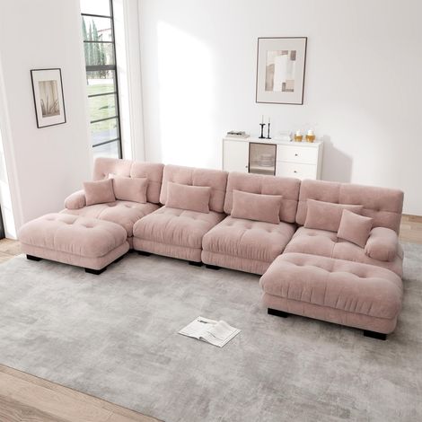 Canapé d'angle modulaire 4 places, u-forme, en chenille rose avec
ottoman, design diy pour salon (1/5)