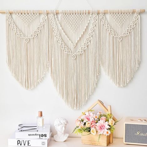 Tapisserie Murale Bohème 110x82 cm, Décoration Macramé Tissée à la Main en Coton Naturel pour Chambre Salon