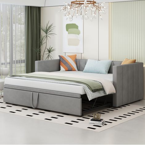 Ausziehbares Schlafsofa 90x200 cm grau aus Samt mit Lattenrost und Ausziehbett (1/5)