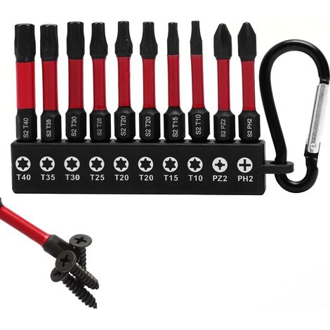 Ensemble de Bits Antidérapants 10 pièces,Embouts magnétiques en acier S2 Torx T40/T35/T30/T25/T20/T15/T10 ainsi que P72 et PH2, Étui rouge avec mousqueton, idéal pour tournevis triangle et perceuses (1/5)