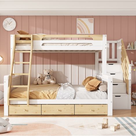 Letto a castello per bambini 90x200/140x200 cm con scaletta contenitore, scaletta e 3 cassetti, bianco e legno naturale (1/5)
