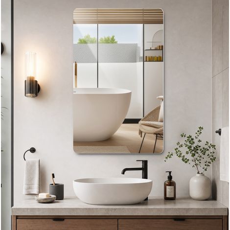 Specchio da bagno da parete 100 x 60 cm senza cornice, angoli arrotondati, argento OKMYHOME (1/5)