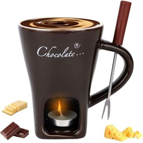 Tasse Fondue Chocolat avec Fourchette et Bougies Chauffe-Plat, Tasse Fondante Douce en Chocolat Ensemble Pot Fondue Céramique pour Fromage Bonbons Soirée Romantique (Marron Foncé) (1/5)