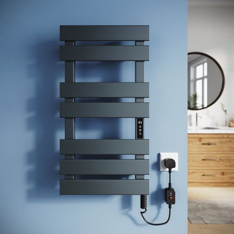 ELEGANT Electric Heated Towel Rail 760 x 450mm, Anthracite Wi-Fi Smart Carbon Fiber Heated Towel Rail, 180° Swivel Bars, Fast Heating Low Energy Wall Mounted Bathroom Towel Radiator (1/5)