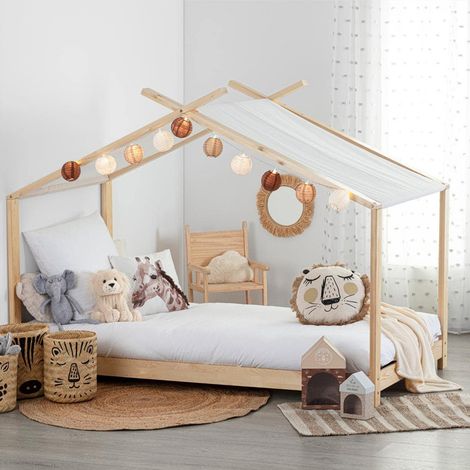 Lit Tente Enfant - Bois 90x190 cm - Lit Cabane Bois de Pin Beige. (1/5)