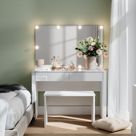 Tocador Annabelle, Blanco alto brillo/blanco, 110 cm con iluminación LED y banco, Vicco (1/5)