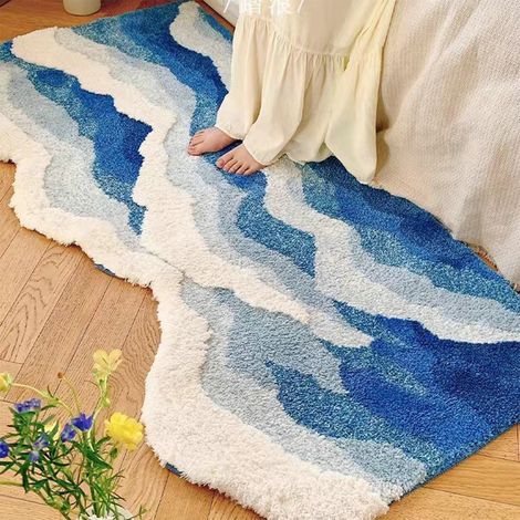 Tapis Chambre Forme Onde - Microfibre - Bleu - 50 x 80 cm - Pour Chambre Enfant, Nourrice, Salon - 1 Pièce (1/5)