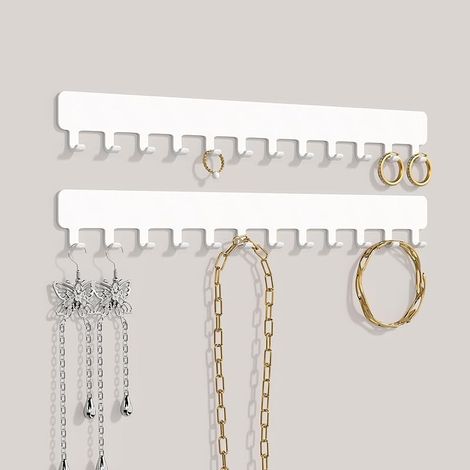 Rangement mural pour bijoux - Organisateur de bijoux robuste pour colliers, bracelets et boucles d'oreilles - Solution peu encombrante, fixation adhésive facile, métal, blanc (1/5)