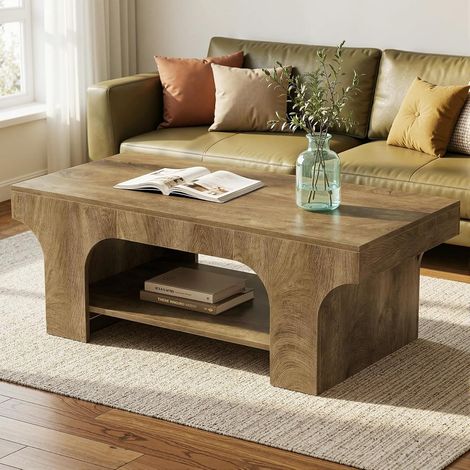 Tribesigns Table Basse 120 cm, Table Rectangulaire 2 Niveaux avec Rangement, Table de Salon Style Rustique en Bois, Table Cocktail Basse Simple pour Salon, Chambre et Bureau Domicile, Marron (1/5)