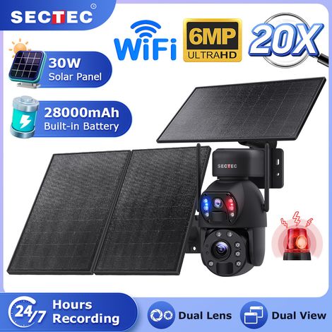 Caméra solaire WiFi double objectif SECTEC 6MP 20x zoom optique, dôme PTZ 3 pouces 30W panneau solaire, usage intérieur et extérieur étanche IP66, autonomie longue durée batterie intégrée, vision noct (1/5)