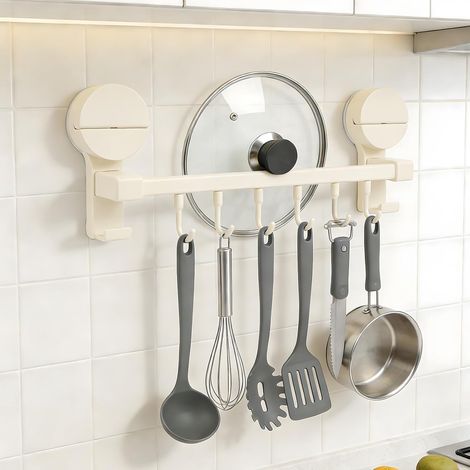 Küchenhelferhalter mit Saugnapf, 6 Haken, geeignet für Küchengeräte und -utensilien, 30 cm (cremeweiß).