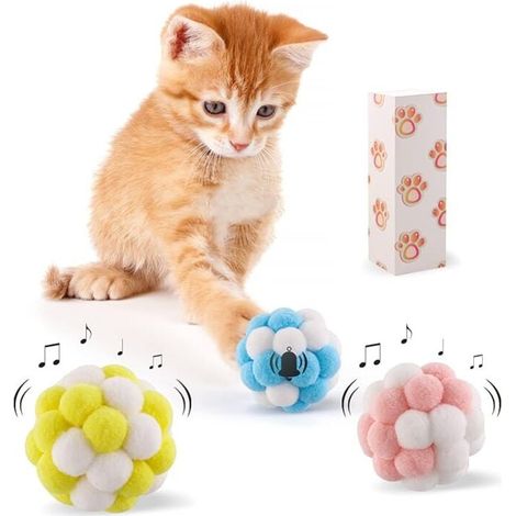 Palline giocattolo per gatti con campanello, confezione da 3 palline morbide e colorate con campanello incorporato, giocattoli interattivi per gatti, giocattoli da masticare per gatti e gattini che gi (1/4)