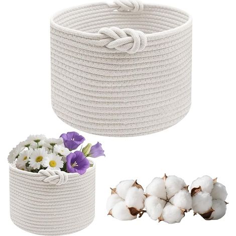 Panier Rangement Tressés Coton Chambre Bain D 24 x H 18 cm Blanc (1/5)