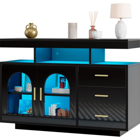 Buffet LED noir 120 cm avec 3 tiroirs, 2 portes et rangements ouverts, éclairage RGB piloté par appli pour salon, cuisine ou salle à manger - CHICFURN (1/5)