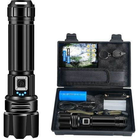 Lampe torche LED ultra puissante, 3 000 lumens, rechargeable, étanche IPX4, lampe torche tactique avec LED P70, 5 modes, zoomable, pour camping, randonnée et urgences (Aucune pile incluse) (1/4)