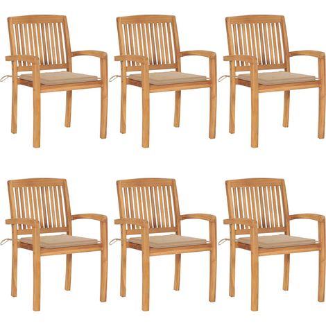 Chaises de jardin empilables avec coussins lot de 6 Teck solide (1/5)