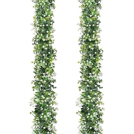 SOMYTING Künstliche Girlanden Eukalyptus mit Weiße Blume Blätter Girlande künstliche hängepflanzen für Hochzeitshintergrund Bogen Wanddekoration Reben Blätter UV-geschützt Drinnen Draußen 2 Stück