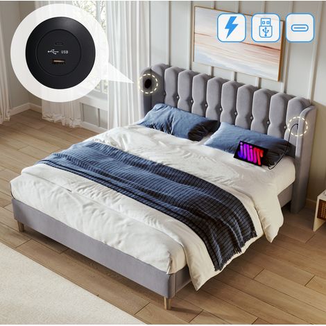 Letto matrimoniale imbottito 140x200 cm per ragazzi con ricarica USB Type C e rete a doghe, lino grigio (1/5)