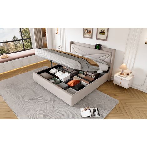 Cama con almacenaje 160x200 cm de tejido beige, con USB-C, ahorra espacio, sin colchón – MEUBLIV (1/5)