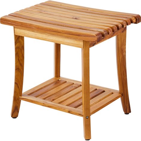 Mophorn Panca per Doccia in Teak 500 x 363 x 455 mm Sgabello per Doccia in Legno Impermeabile con Ripiano Portaoggetti, Poggiapiedi Antiscivolo, Capacita di 180 kg per Bagno per Uso Interno Esterno