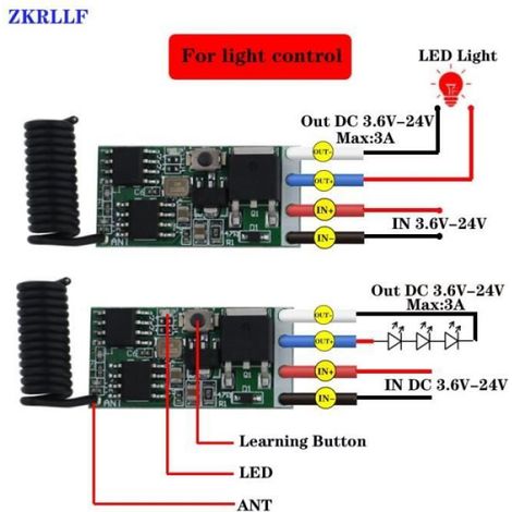 Couleur 4 Récepteur et 2 RC ZKRLLF Mini relais sans fil 433mhz DC 3.6V 5V 12V 24V, 1ch, télécommande RF interrupteur, contrôleur d (1/3)