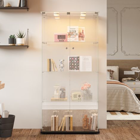 Vitrine en Verre Trempé 4 Étagères avec LED Réglable et 2 portes, Vitrine Armoire de Collection à Serrure, Vitrine Sur Pied Transparente 360°, 78.5x35x163cm, Noir
