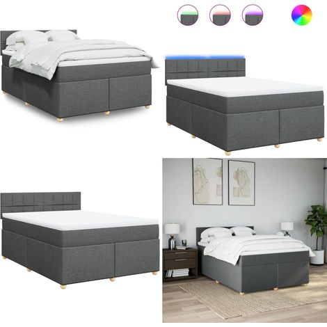 Giroletto a Molle con Materasso Grigio Scuro 140x190 cm Tessuto - Materasso a molle insacchettate - Letto con luci LED