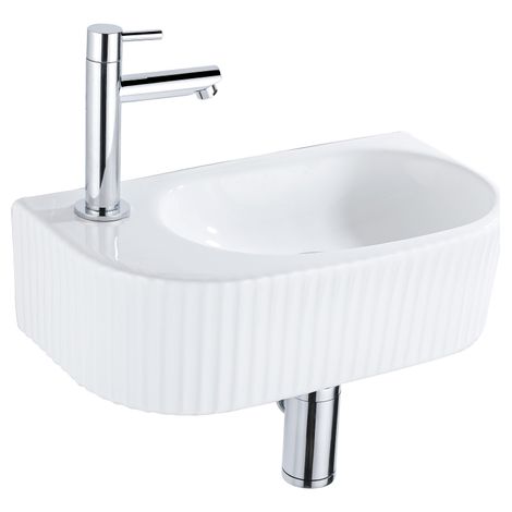 QeramiQ Fuente Ensemble de lave-mains - 40x21.5x12cm - gauche - cannelé - demi-rond - 1 trou de robinet - céramique - robinet de lavabo chromé -