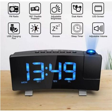 Réveil Radio FM LED avec Projection - Horloge Digitale à 7 Pouces - Affichage 12/24 H - Double Alarme - Réglage Automatique Luminosité - 1 Pièce (1/4)