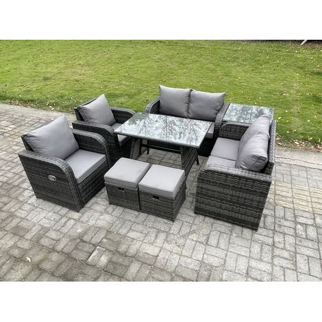 Fimous Polyrattan Garten Esstisch Set Gartenmöbel Sofa mit Rechteckiger Esstisch Beistelltisch 2 kleine Fußhockern Dunkelgrau Gemischt (1/5)