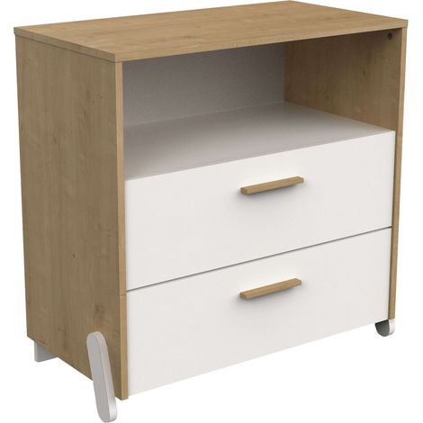Commode pour enfants Naili 2 tiroirs, chêne Hamilton et blanc mat, 73 x 74 cm (1/5)