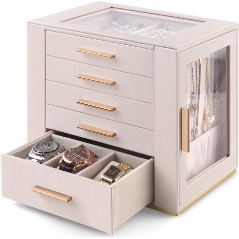 Grande Boîte à Bijoux pour Femme - Organisateur 5 Niveaux en Cuir PU avec Couvercle Vitré - Coffret pour Bagues, Boucles d’Oreilles, Colliers, Bracelets et Montres - Design Élégant, Beige (1/5)